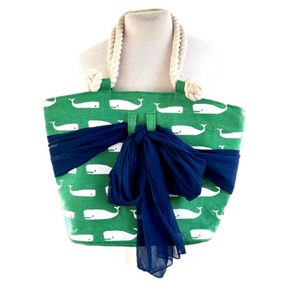 Mudpie Beach Bag Sarong Whales Green White Navy Blue Rope Handles EUC
